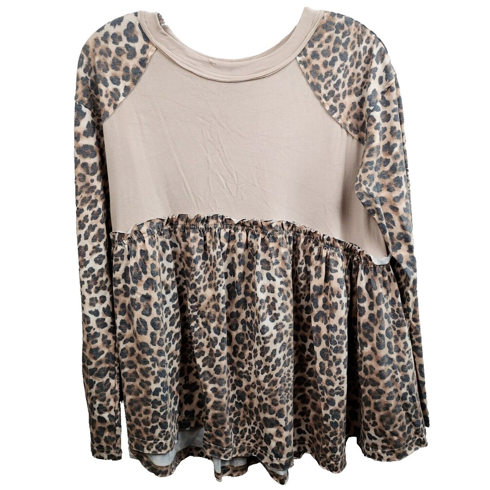 Easel Womens BOHO Babydoll Top Small Tan Brown Animal Print Contrast Long Sleeve